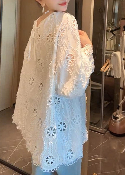 French Hollow White Out Sleeve Cotton Flare Shirt O Neck FashionChic