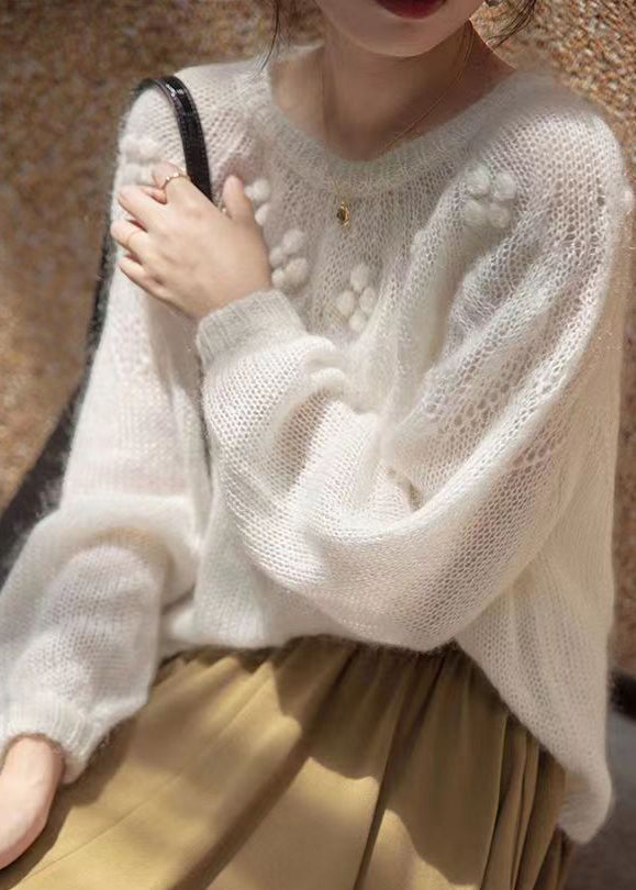 French White O Neck Hollow Out Patchwork Knit Sweaters Long Sleeve TU025