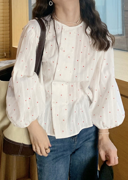 French White O-Neck Print Button Cotton Shirts Lantern Sleeve WW1008 Ada Fashion