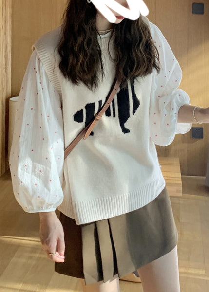 French White O-Neck Print Button Cotton Shirts Lantern Sleeve WW1008 Ada Fashion