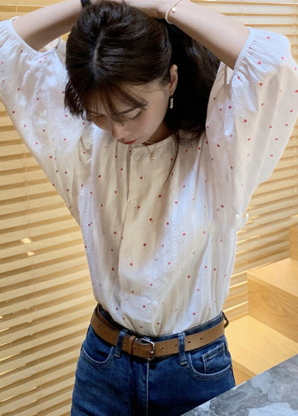 French White O-Neck Print Button Cotton Shirts Lantern Sleeve WW1008 Ada Fashion