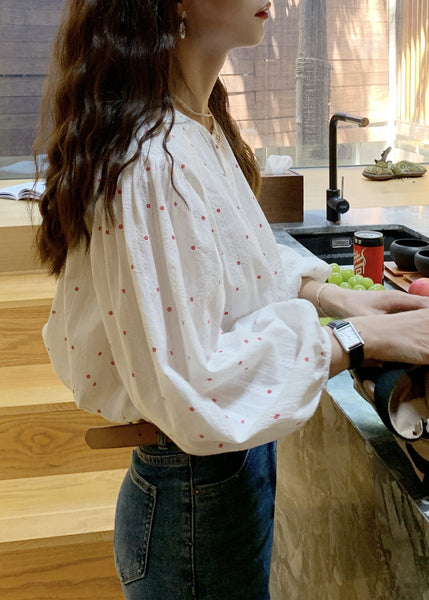 French White O-Neck Print Button Cotton Shirts Lantern Sleeve WW1008 Ada Fashion