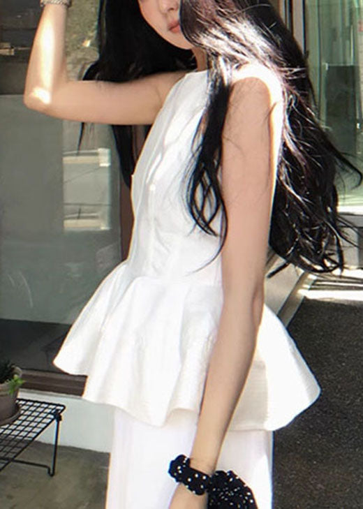 Neck O Sleeveless French White Ruffled Top Cotton FashionChic