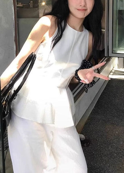 Neck O Sleeveless French White Ruffled Top Cotton FashionChic