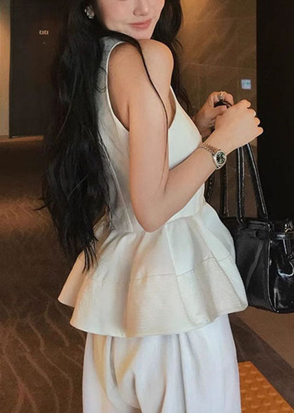 Neck O Sleeveless French White Ruffled Top Cotton FashionChic