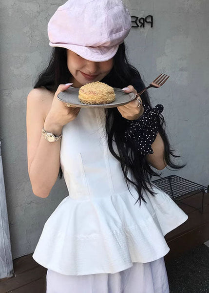 Neck O Sleeveless French White Ruffled Top Cotton FashionChic