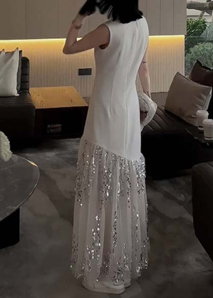 French White O Neck Sequins Tulle Patchwork Dresses Sleeveless ZL045 SH-LF-SDL240621