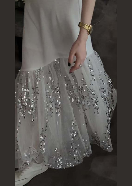 French White O Neck Sequins Tulle Patchwork Dresses Sleeveless ZL045 SH-LF-SDL240621