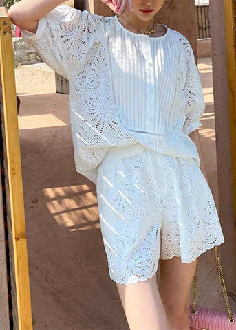 White Short Shorts Sleeve French O-Neck Shirt And Set Two Pieces FashionChic