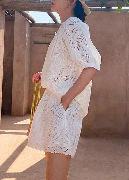 White Short Shorts Sleeve French O-Neck Shirt And Set Two Pieces FashionChic
