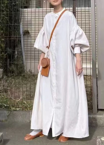 Sleeve French Oversized Cotton Lantern Shirt Dresses White FashionChic