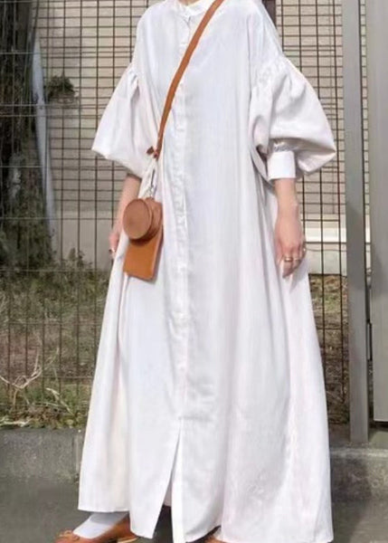 Sleeve French Oversized Cotton Lantern Shirt Dresses White FashionChic
