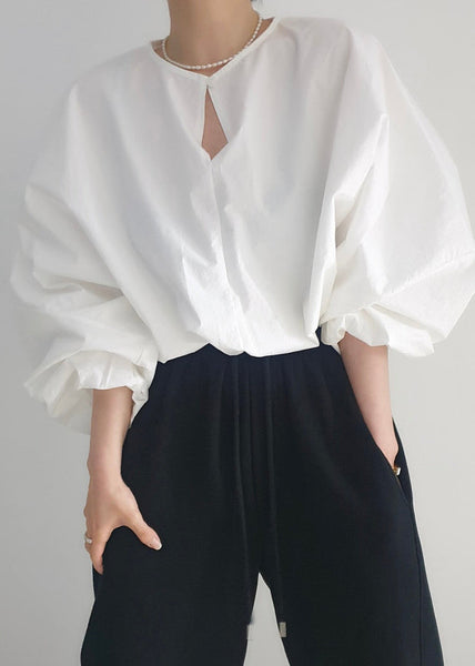 White French Tops Lantern Cotton Shirt Oversized Sleeve FashionChic