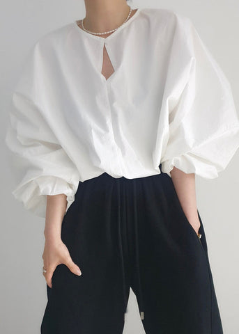 White French Tops Lantern Cotton Shirt Oversized Sleeve FashionChic