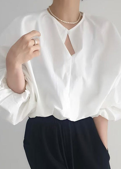 White French Tops Lantern Cotton Shirt Oversized Sleeve FashionChic