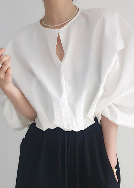White French Tops Lantern Cotton Shirt Oversized Sleeve FashionChic