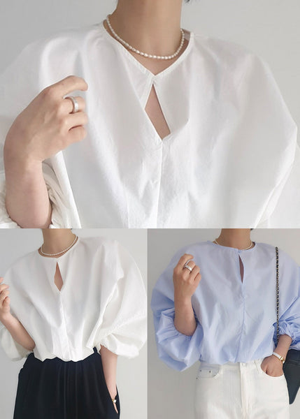 White French Tops Lantern Cotton Shirt Oversized Sleeve FashionChic