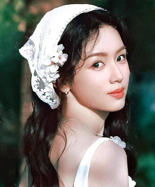 French White Pastoral Lace Floral Bun Triangular Hair Scarf YU1027 Hat-HAT240528