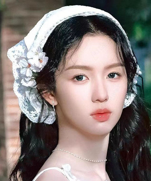 French White Pastoral Lace Floral Bun Triangular Hair Scarf YU1027 Hat-HAT240528