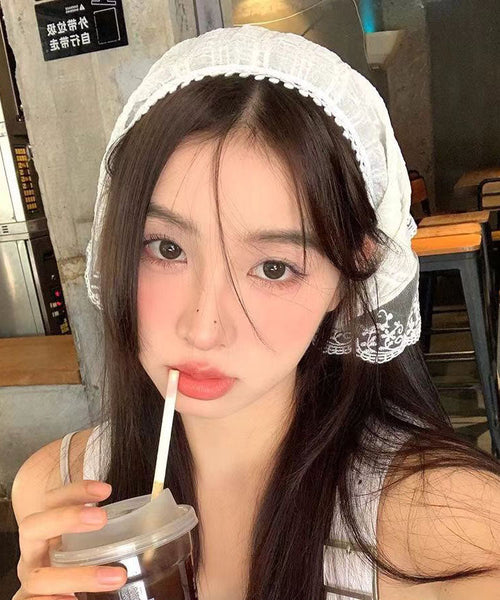 French White Pastoral Lace Floral Bun Triangular Hair Scarf YU1027 Hat-HAT240528