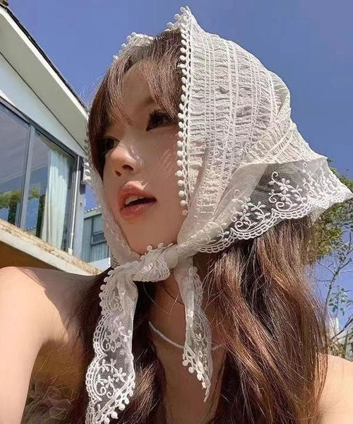 French White Pastoral Lace Floral Bun Triangular Hair Scarf YU1027 Hat-HAT240528