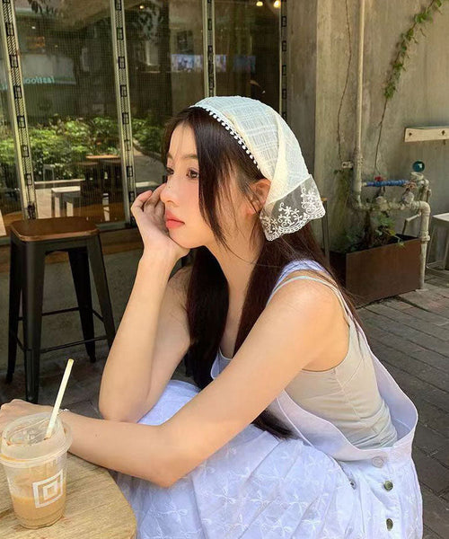 French White Pastoral Lace Floral Bun Triangular Hair Scarf YU1027 Hat-HAT240528