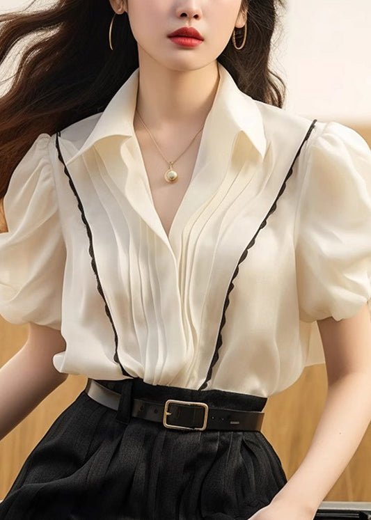 White Peter Patchwork Tops Pan Silk French Wrinkled Summer Collar FashionChic