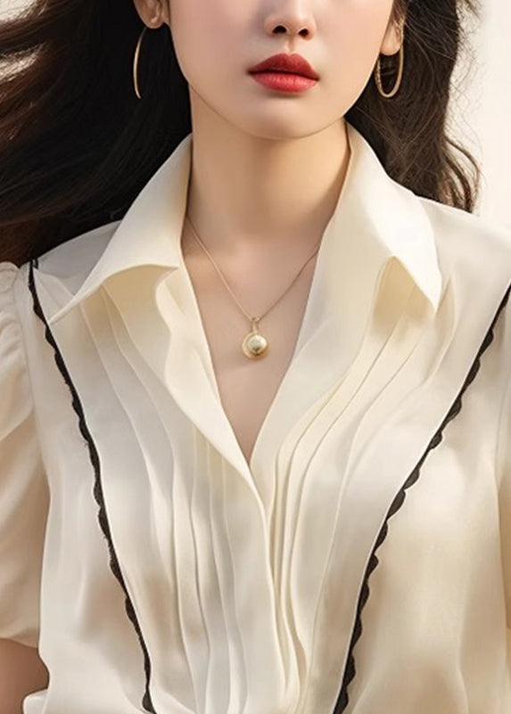 White Peter Patchwork Tops Pan Silk French Wrinkled Summer Collar FashionChic