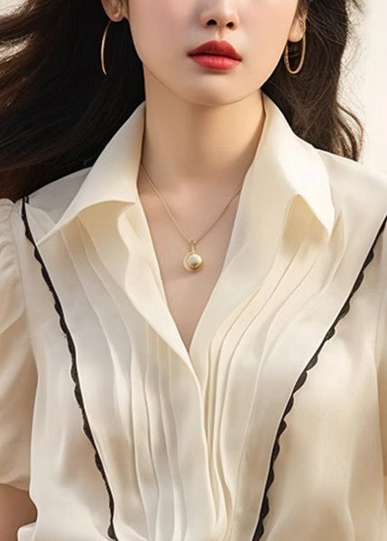 White Peter Patchwork Tops Pan Silk French Wrinkled Summer Collar FashionChic