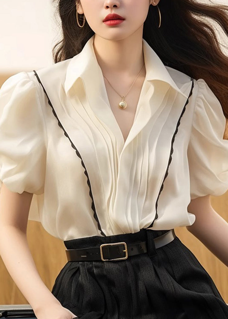 White Peter Patchwork Tops Pan Silk French Wrinkled Summer Collar FashionChic