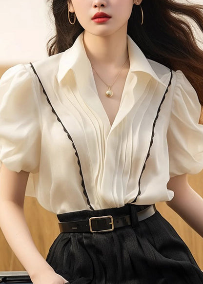 White Peter Patchwork Tops Pan Silk French Wrinkled Summer Collar FashionChic