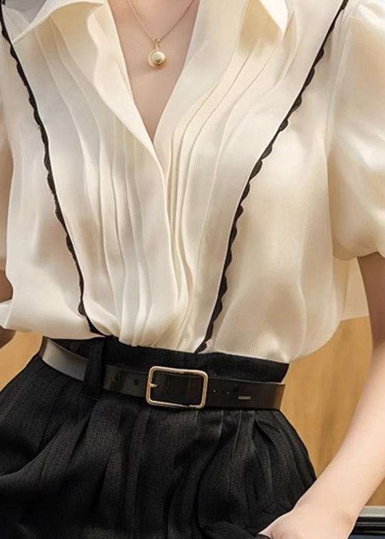 White Peter Patchwork Tops Pan Silk French Wrinkled Summer Collar FashionChic