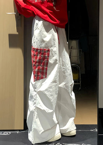 Patchwork Pockets Fall French White Cotton Plaid Pants FashionChic