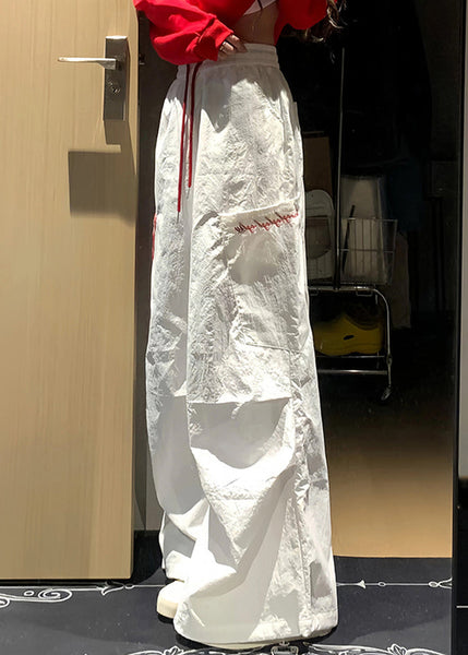 Patchwork Pockets Fall French White Cotton Plaid Pants FashionChic