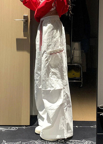 Patchwork Pockets Fall French White Cotton Plaid Pants FashionChic