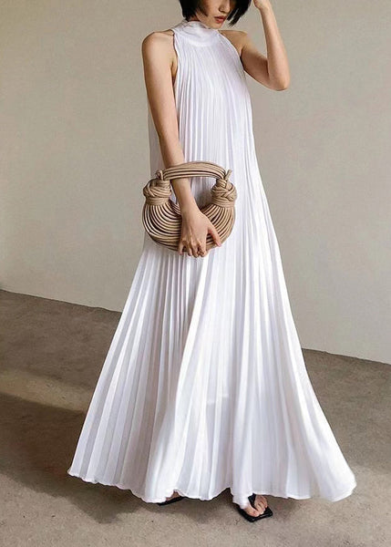 French White Pleated Hanging Neck Off Shoulder Long Dress Summer EE1030 SH-LF-SDL240517
