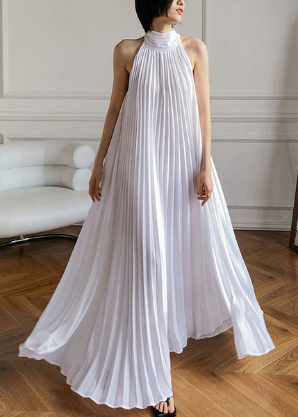 French White Pleated Hanging Neck Off Shoulder Long Dress Summer EE1030 SH-LF-SDL240517