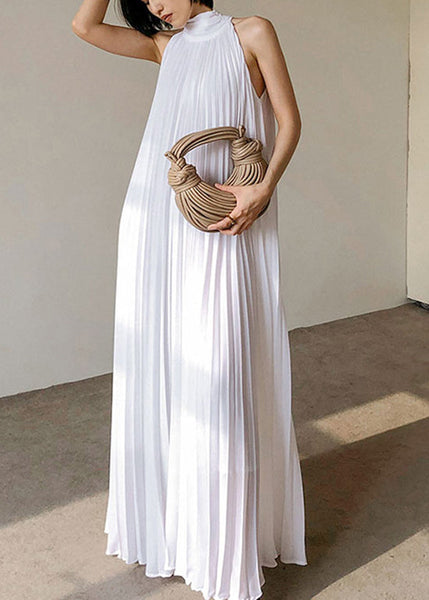 French White Pleated Hanging Neck Off Shoulder Long Dress Summer EE1030 SH-LF-SDL240517