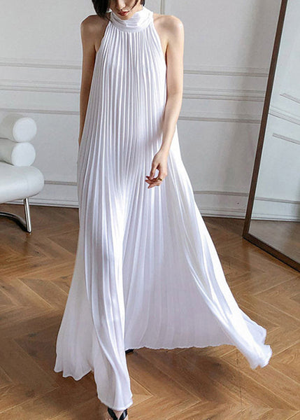French White Pleated Hanging Neck Off Shoulder Long Dress Summer EE1030 SH-LF-SDL240517