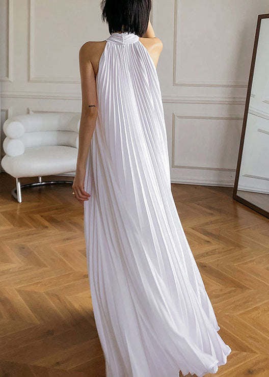 French White Pleated Hanging Neck Off Shoulder Long Dress Summer EE1030 SH-LF-SDL240517