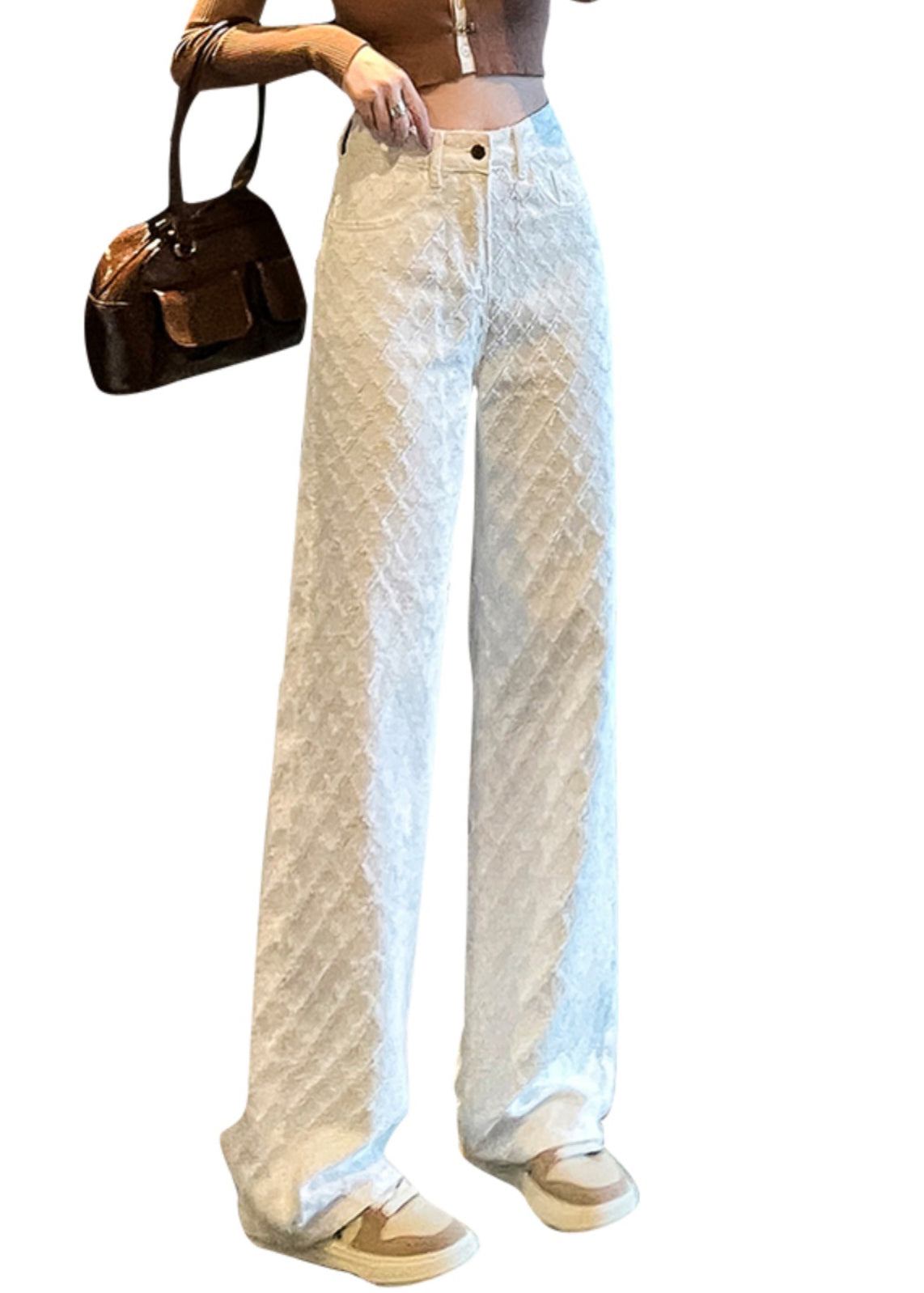 French White Pockets High Waist Denim Straight Pants Spring YF007 ABC