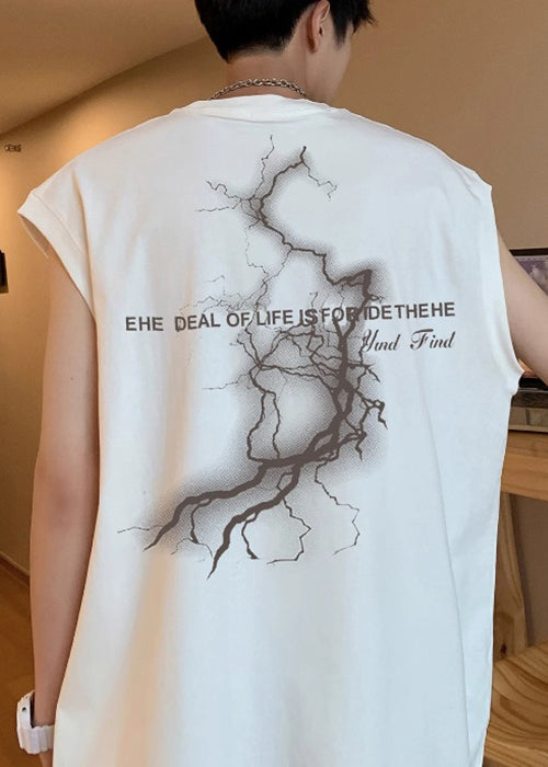 Men's French Print Oversized Sleeveless Cotton Tanks White FashionChic