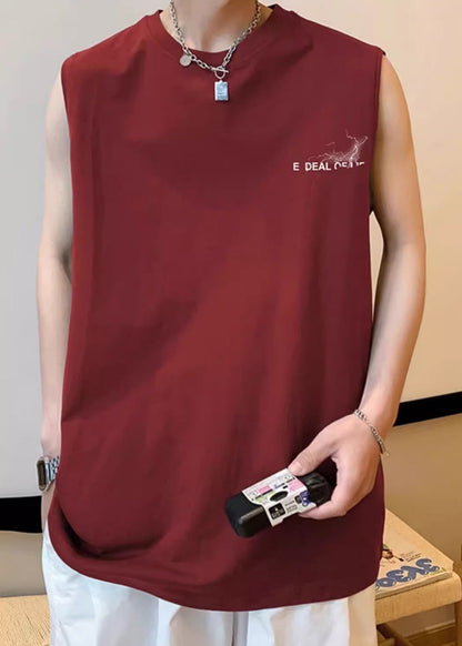 Men's French Print Oversized Sleeveless Cotton Tanks White FashionChic