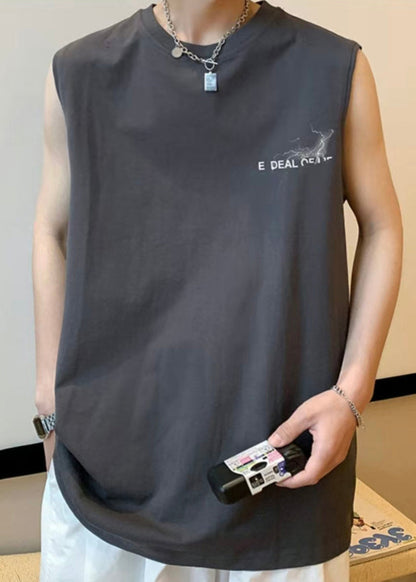 Men's French Print Oversized Sleeveless Cotton Tanks White FashionChic