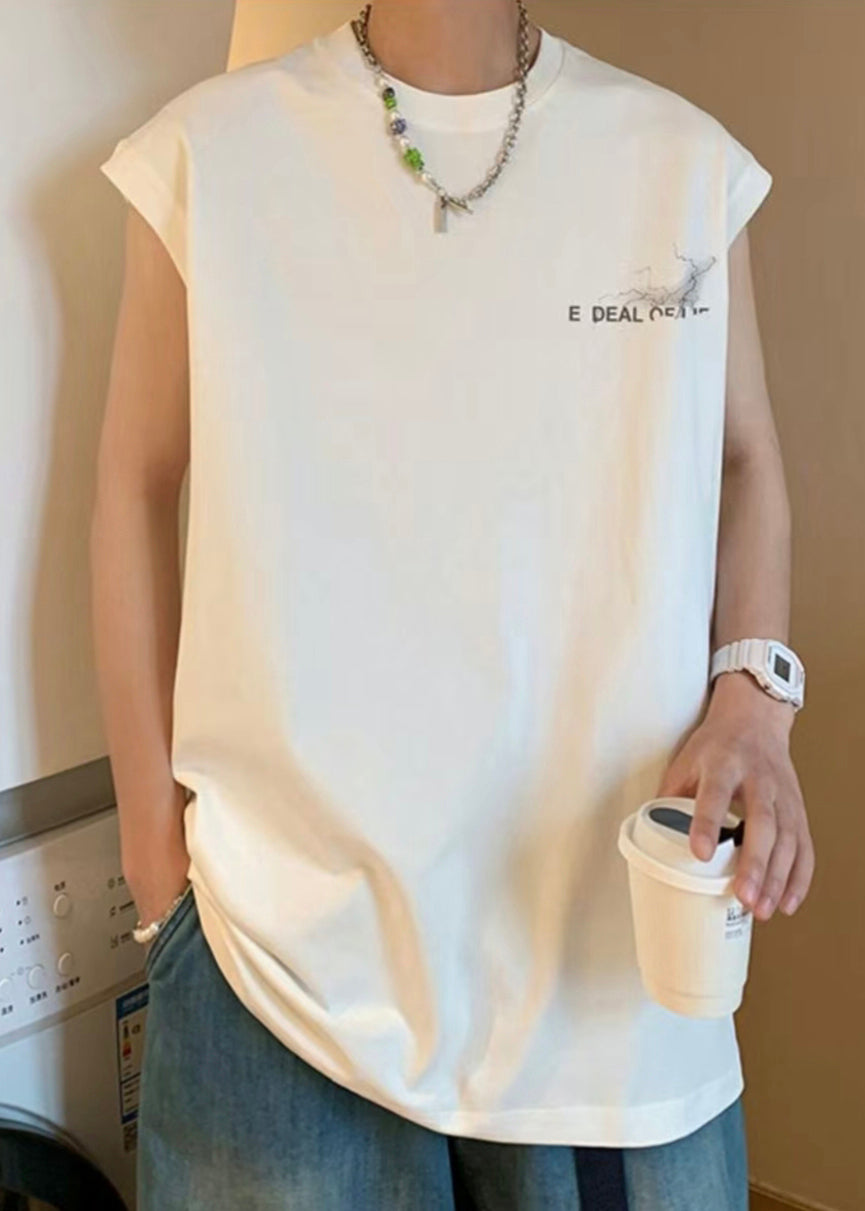 Men's French Print Oversized Sleeveless Cotton Tanks White FashionChic