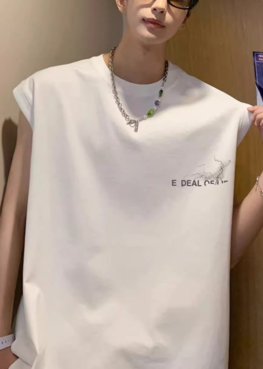 Men's French Print Oversized Sleeveless Cotton Tanks White FashionChic