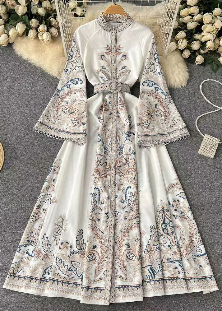 French White Print Sashes Cotton Shirts Dress Flare Sleeve TR034 ZS-FDL240730