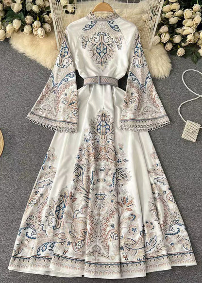 French White Print Sashes Cotton Shirts Dress Flare Sleeve TR034 ZS-FDL240730