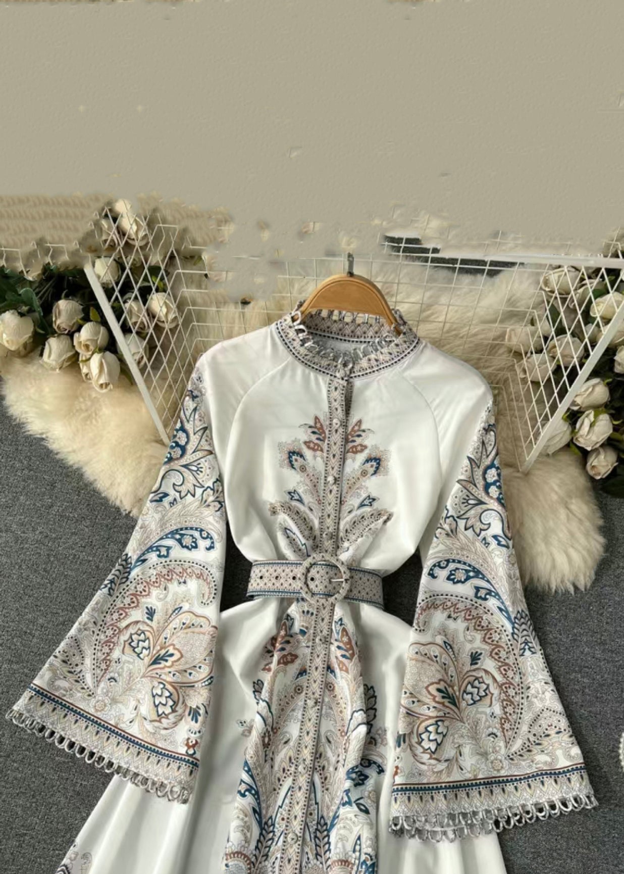 French White Print Sashes Cotton Shirts Dress Flare Sleeve TR034 ZS-FDL240730