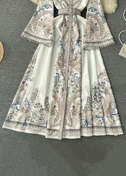 French White Print Sashes Cotton Shirts Dress Flare Sleeve TR034 ZS-FDL240730
